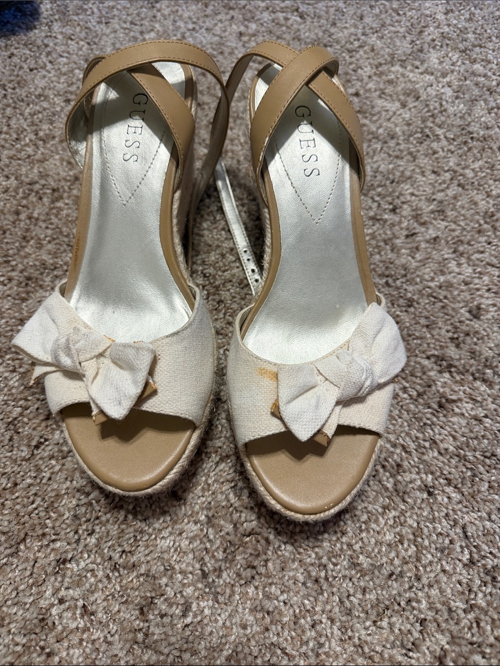 GUESS Beige and Cream Bow Peep-Toe Wedge Sandals